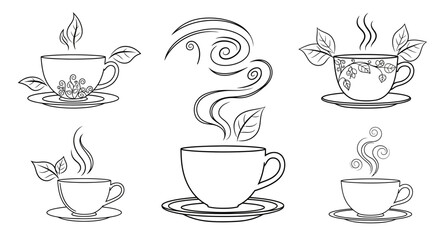 Collection of Six Steaming Cups of Tea or Coffee with Decorative Elements.