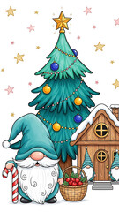 A festive cartoon gnome stands beside a decorated Christmas tree near a cozy house