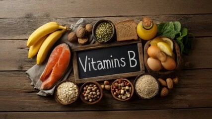 B Vitamins Rich Foods: Meat, Salmon, Eggs, Whole Grains, Bananas, Broccoli, and Carrots