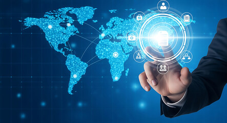 Businessman's Hand Interacting with Global Digital Network and Icons global network digital world