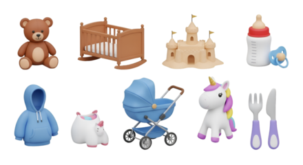 Baby accessories and toys collection isolated on white background