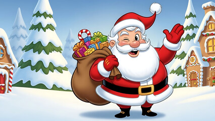 Santa Claus carrying a sack of gifts through a snowy village