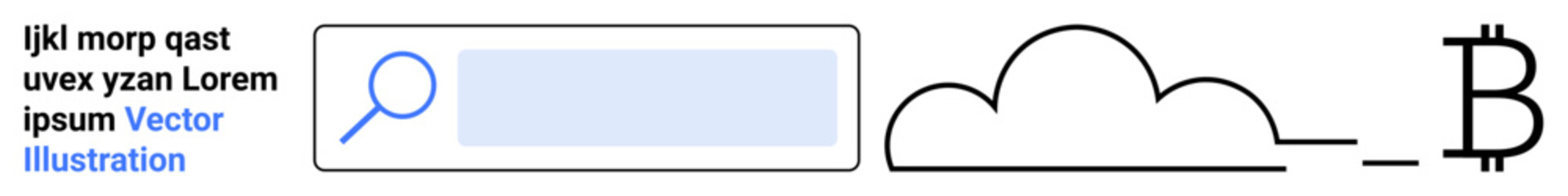 Cloud computing, cryptocurrency finance, digital search, information exchange, blockchain technology, tech trends. A search bar, cloud outline and Bitcoin symbol. Cloud computing and cryptocurrency
