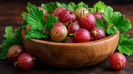 Ripe red gooseberries in wooden bowl with fresh green leaves