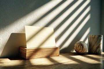 Sunlit cards on a wooden block under blinds, creating a calming, minimalist scene. Ideal for stationery showcase