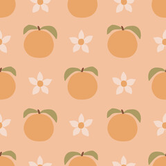 Orange Fruit Blossom Seamless Pattern. Cute Tropical Background with pastel colored nature elements, flowers and leaves. Minimal Organic Shape. Vector illustration