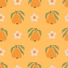 Pear Yellow Seamless Pattern. Cute colorful Fruit background with hand drawn wavy nature elements, curvy leaves and simple flowers. Vector illustration