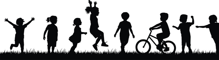 Children outdoor activity silhouettes with jumping walking cycling and playing, kids active lifestyle scene, childhood fun, black vector illustration