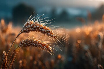 Golden wheat ears shimmer in the warm light, symbolizing nature's bounty and agriculture's vital role in food production, set against a hazy field