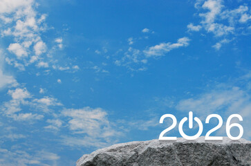 2026 start up business flat icon on rock mountain over blue sky with white clouds, Happy new year 2026 success concept