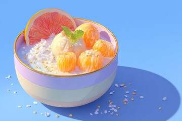 A delightful bowl filled with grapefruit, peeled tangerines, and coconut flakes evokes a sense of healthy eating and refreshment, ideal for a light breakfast or dessert
