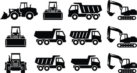 Construction vehicle silhouette vector set, heavy machinery equipment icons, dump truck excavator bulldozer loader, black industrial illustration collection © MstLovely
