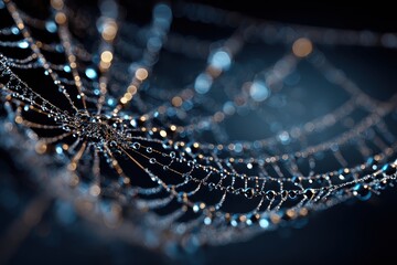 A delicate spiderweb glistens, adorned with dew drops that catch the light, creating a stunning natural display and highlighting nature's beauty