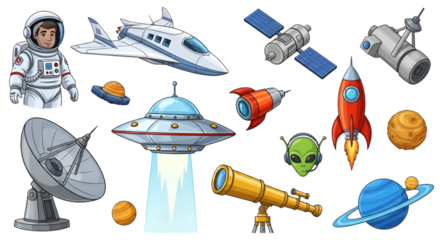 Space objects astronaut alien planet spaceship cartoon vector illustration
