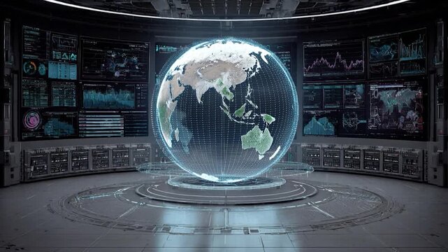Global Intelligence Hub: A futuristic control room, centered around a glowing holographic globe, showcases real-time data analysis and global monitoring capabilities.