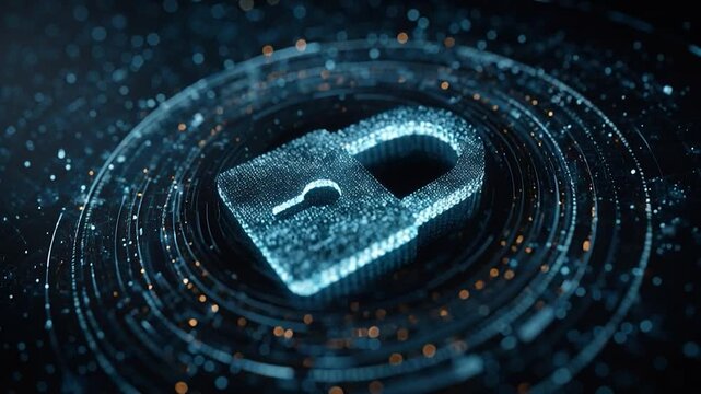 Cybersecurity Sentinel: An illuminated padlock, the cornerstone of digital defense, radiates a sense of security within a swirling vortex of binary code.