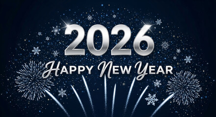 Festive image showing "2026 Happy New Year" with firework and snowflake elements on a dark blue sparkling background, representing celebration and future.