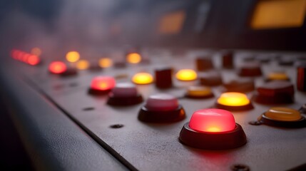 A close up view of a futuristic control panel with illuminated red and yellow buttons set against a misty atmospheric background