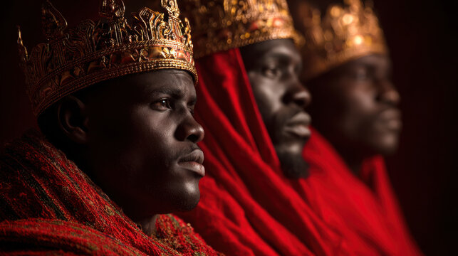 Three Black Kings wearing golden crowns looking solemn