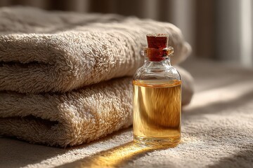 Aromatic massage oil and fresh towels create a relaxing spa scene, highlighting wellness and the essence of self-care rituals