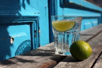 Sipping on a refreshing soda with lime on a rustic wooden table offers a moment of simple hydration and evokes a feeling of summer coolness