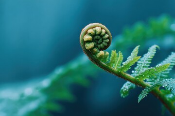 The unfurling fiddlehead fern showcases the vibrant growth of nature in spring, with water droplets adding a touch of freshness to this natural wonder