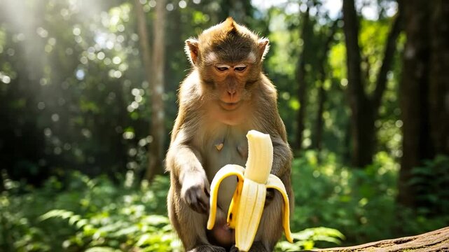 Macaque monkey meticulously peels and eats a ripe banana in the forest.