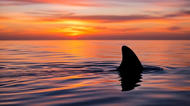 Lone shark fin slices ocean surface under sunset hues