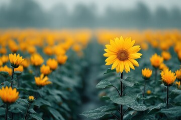 A vibrant field of sunflowers blooms under a gentle rain, the petals gleaming as water droplets enhance the natural beauty of this scene, promising a bountiful harvest