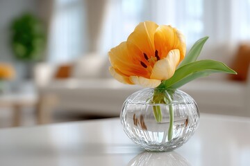 A yellow tulip graces a glass vase, its delicate petals and vibrant color enhancing the room's natural light and bringing the beauty of a floral arrangement indoors