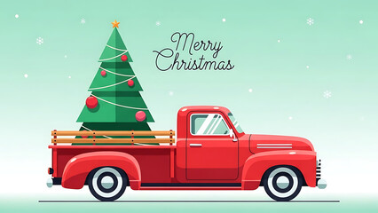 Vintage red truck carrying a decorated Christmas tree on a snowy winter day