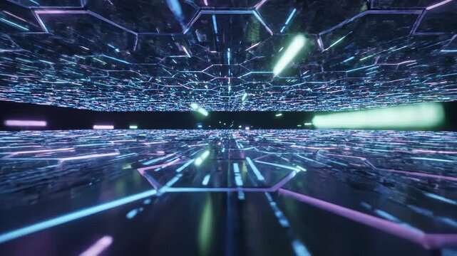 Futuristic hexagonal corridor with neon lights