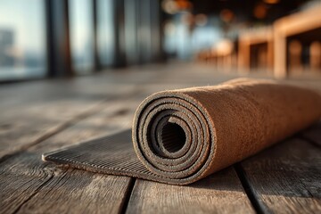 A rolled yoga mat rests on a wooden floor in a sunlit yoga studio, conveying a sense of wellness, fitness, and mindful practice