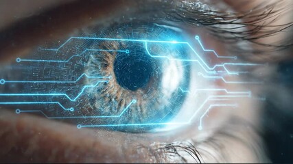 Extreme close-up of human eye with glowing blue digital circuit board overlay representing biometric scanning and futuristic cybernetic vision technology - Powered by Adobe