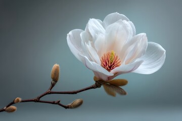 A detailed, serene macro still life showcases a blooming magnolia, highlighting its delicate petals and the soft texture of the flower buds, against a muted background
