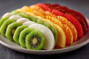 A delicious and colorful array of sliced fruit displayed on a plate, featuring kiwi, pear, cantaloupe, orange, and watermelon offering a vibrant and healthy treat