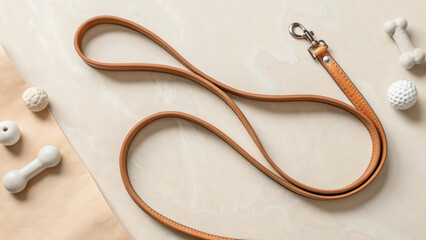 Stylish pet lifestyle items. brown leather dog leash elegantly curves on light surface, surrounded by dog toys