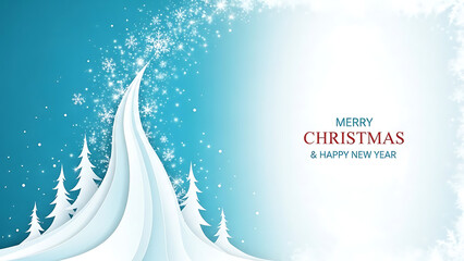A serene winter landscape with snow-covered trees and a festive Christmas greeting