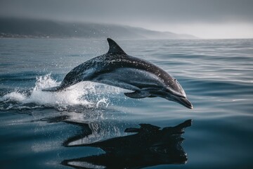 This stunning marine wildlife shot features a dolphin leaping from the water, its graceful form reflected in the sea's surface, emphasizing the beauty of this aquatic mammal