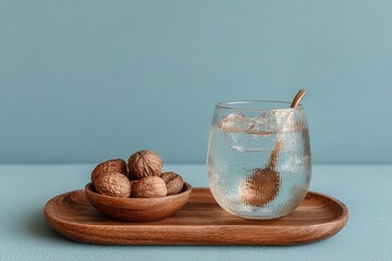 A wooden tray presents healthy snacks walnuts in a small wooden bowl next to refreshing hydration, as sparkling water with ice sits in a textured glass