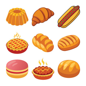 A set of vector illustrations of various bakery items, including waffle, croissants, macarons, hot dogs, and more.