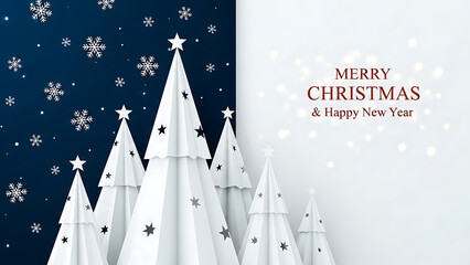 A festive Christmas scene with white paper trees and snowflakes against a dark blue background