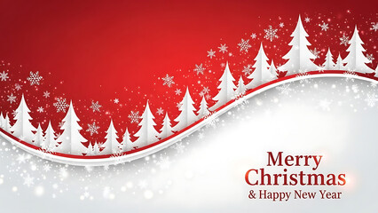 A festive Christmas and New Year greeting card featuring snowy trees and snowflakes