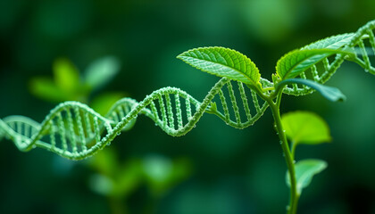 concept of green biotechnology or synthetic biology, graphic of plant with DNA. High quality