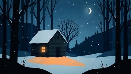Fototapeta premium Cozy Nighttime Cabin in Snowy Forest.