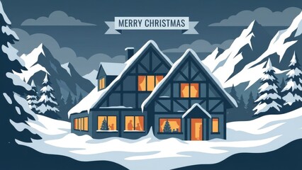 Cozy Snow Covered Cabin in Winter Night Scene.