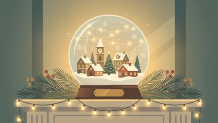 Whimsical snowy village scene inside a glowing snow globe.