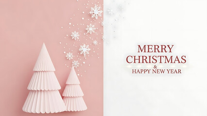 A festive Christmas scene with paper trees and snowflakes on a pink background celebrating the holiday season