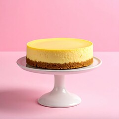 A round, creamy cheesecake sits atop a white pedestal stand against a vibrant pink background. The cheesecake's smooth, golden-yellow surface is contrasted by a light-brown, crunchy crust