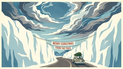 Snowy Mountain Road Scene with Christmas Banner.